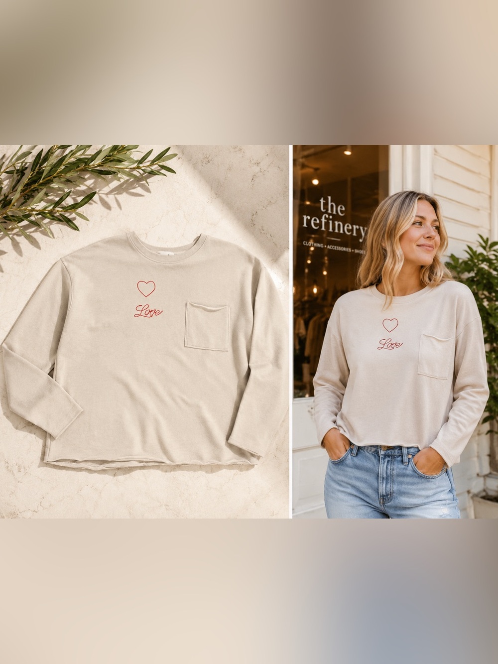 THE NU VINTAGE - Soft Long Sleeve embroidered heart sweatshirt Top NWT